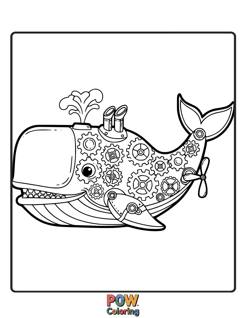 Free coloring page of A futuristic whale with metallic fins and glowing gears, exploring an underwater technological landscape.