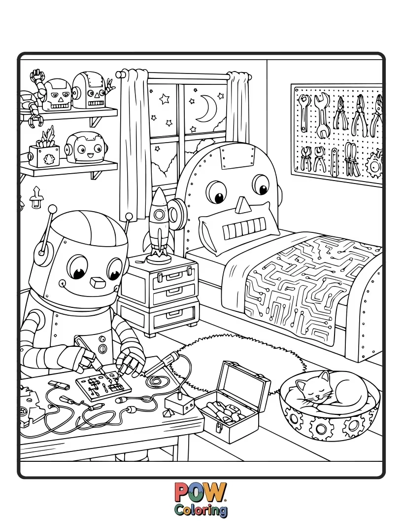 Free coloring page of Gears, circuits, and friendly robots fill this creative space, inspiring imaginative building and colorful designs.