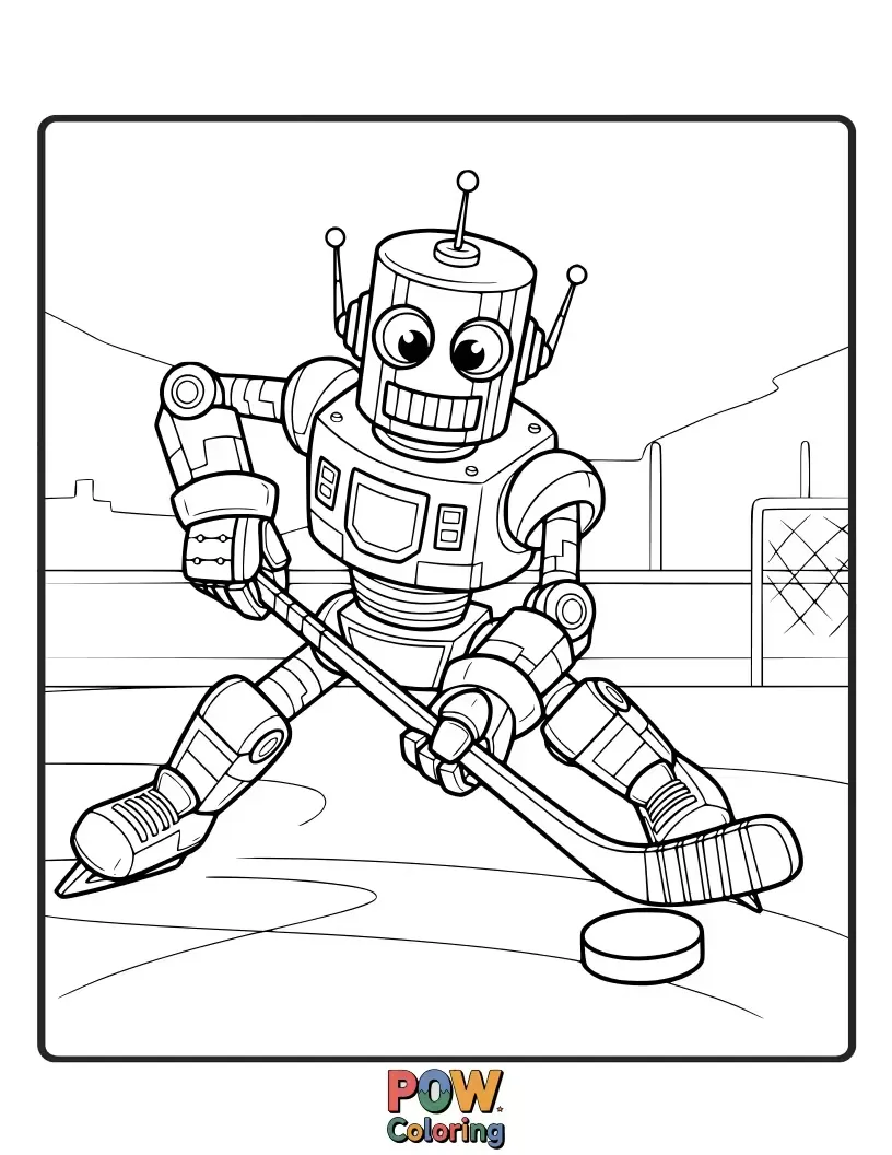 Free coloring page of A sleek, futuristic robot with glowing lights skillfully maneuvering on the ice, demonstrating advanced hockey techniques. Cool and innovative!