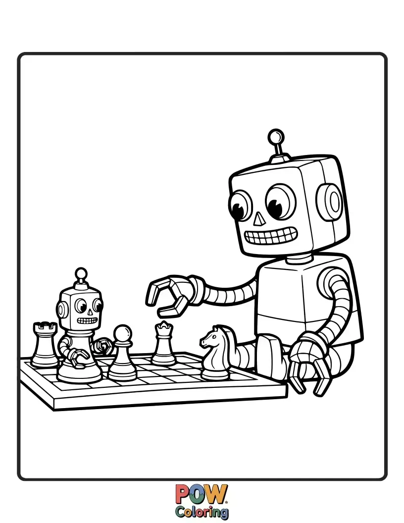 Free coloring page of A friendly robot playing chess with a fluffy teddy bear, sharing a quiet moment of strategic fun.
