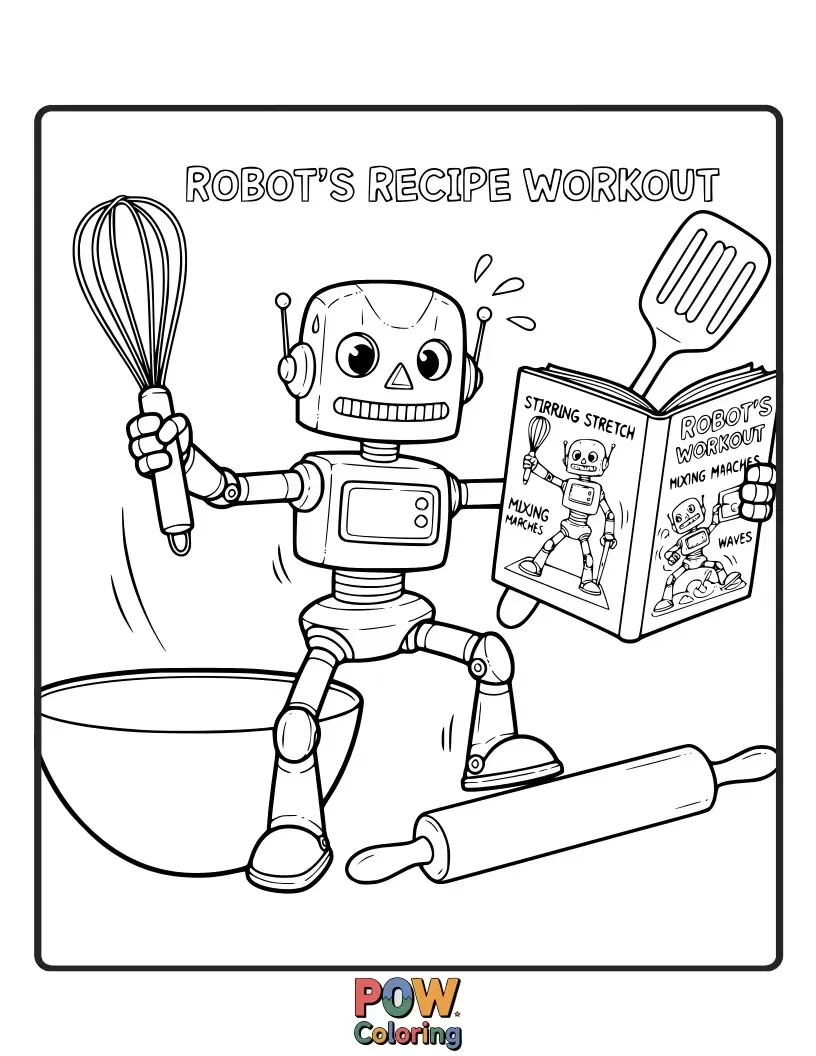 Free coloring page of A quirky robot following a recipe for a protein shake while doing bicep curls, a whisk in one hand.