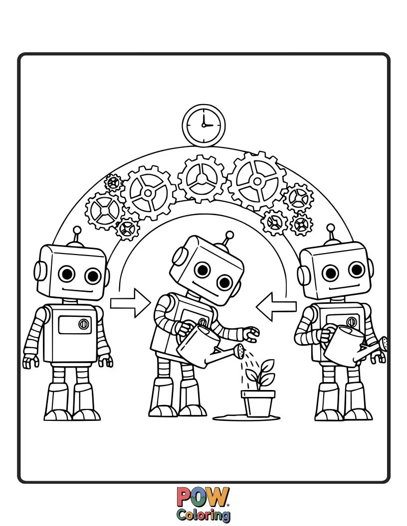 Free coloring page of A clanky, friendly robot meticulously performing bicep curls with its metallic arms, a light bulb glowing above its head.