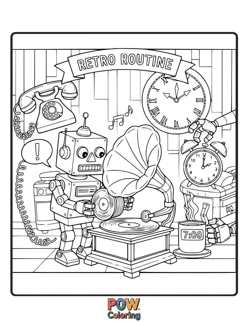 Free coloring page of A vintage-looking robot with big, round eyes and antennae performing classic aerobics in a colorful, retro gym setting.