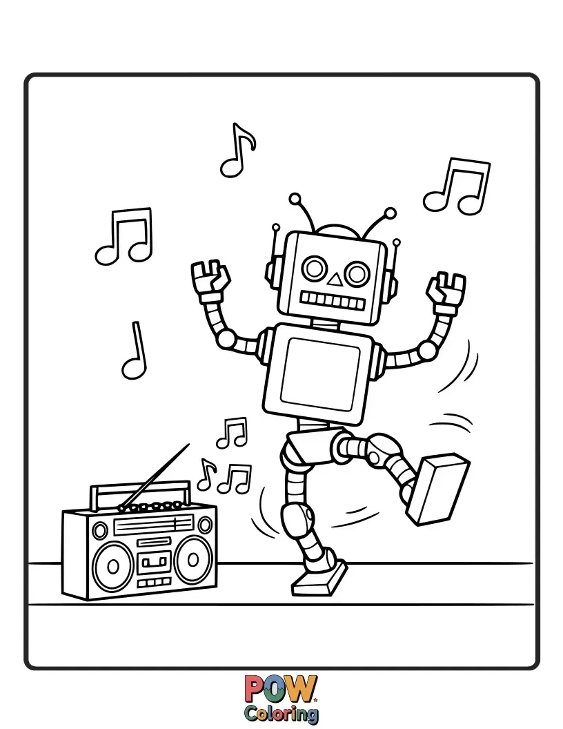 Free coloring page of A dancing robot with disco lights executing perfect dance moves on a brightly lit gym floor.
