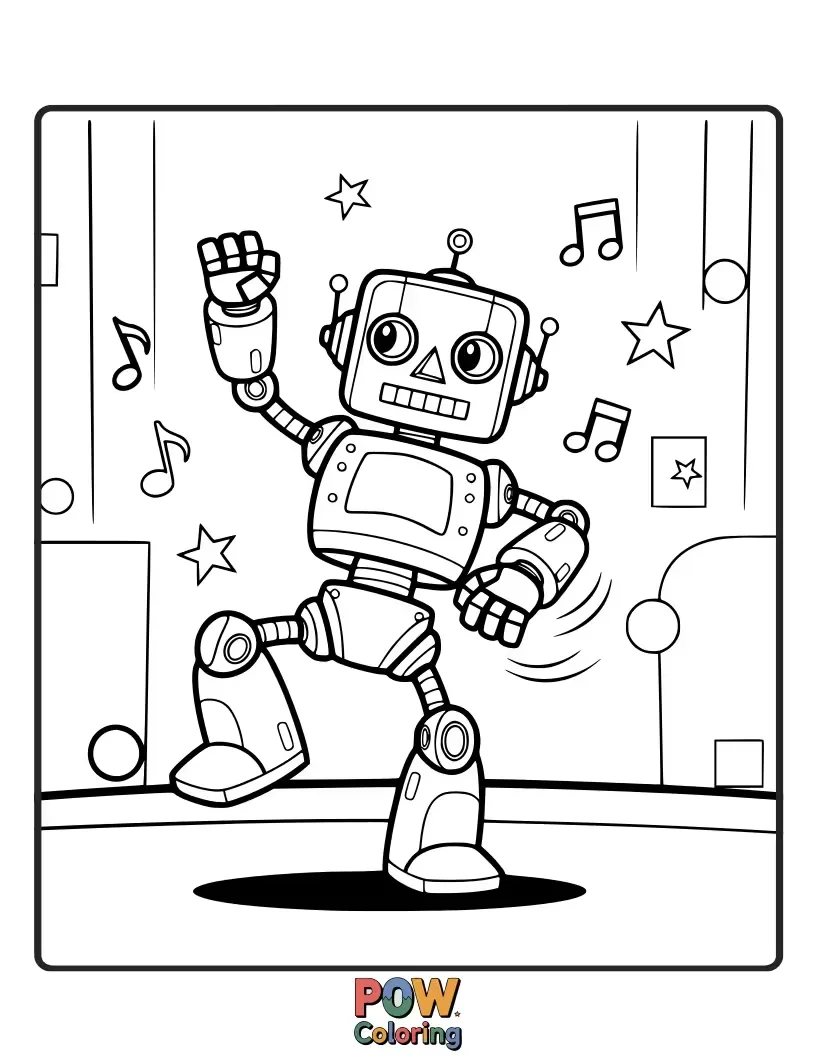 Free coloring page of A clunky robot with a metallic tutu performs a surprisingly smooth jeté, gears whirring melodically. Precise pirouettes!