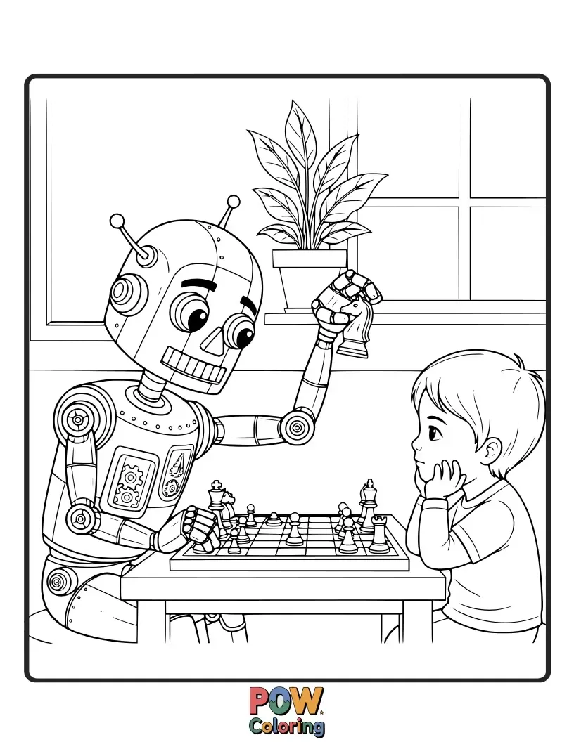 Free coloring page of A futuristic robot with blinking lights and gears carefully considering its next move on a sleek, metallic board.