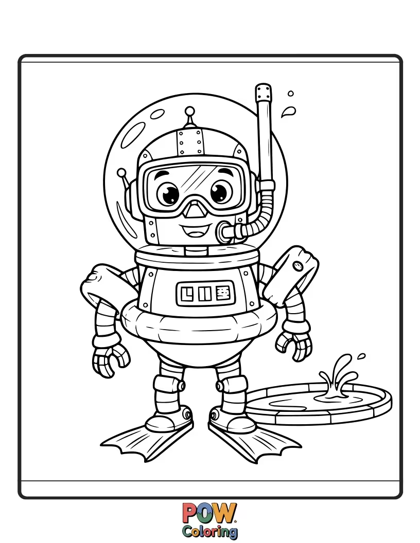 Free coloring page of A friendly robot with bright eyes and gears is designed for swimming, gliding smoothly through a clear pool.