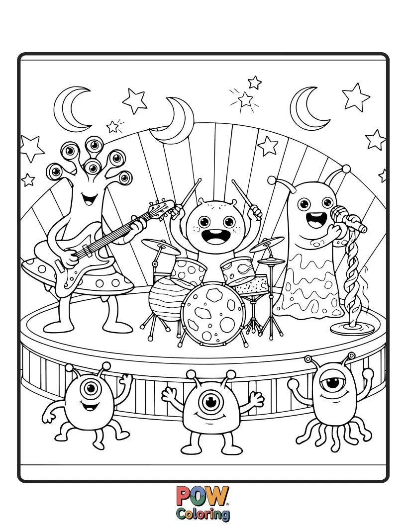 Free coloring page of Friendly, multi-eyed aliens playing futuristic guitars and synthesizers, beaming down to earth for a cosmic concert.