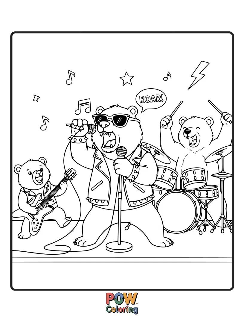 Free coloring page of Big, friendly teddy bears rocking out on stage with electric guitars and amplifiers, surrounded by cheering fans.
