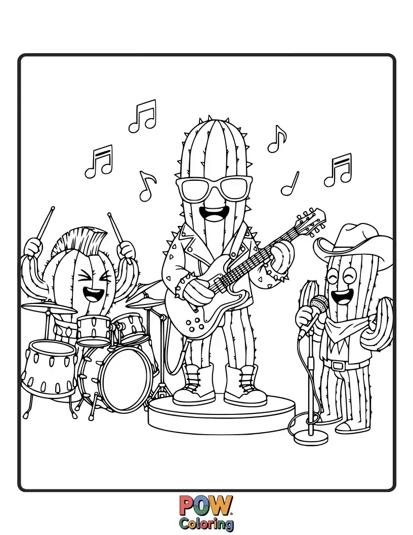 Free coloring page of Spiky cacti wearing sunglasses and bandanas, rocking out with guitars and drums in a desert landscape.