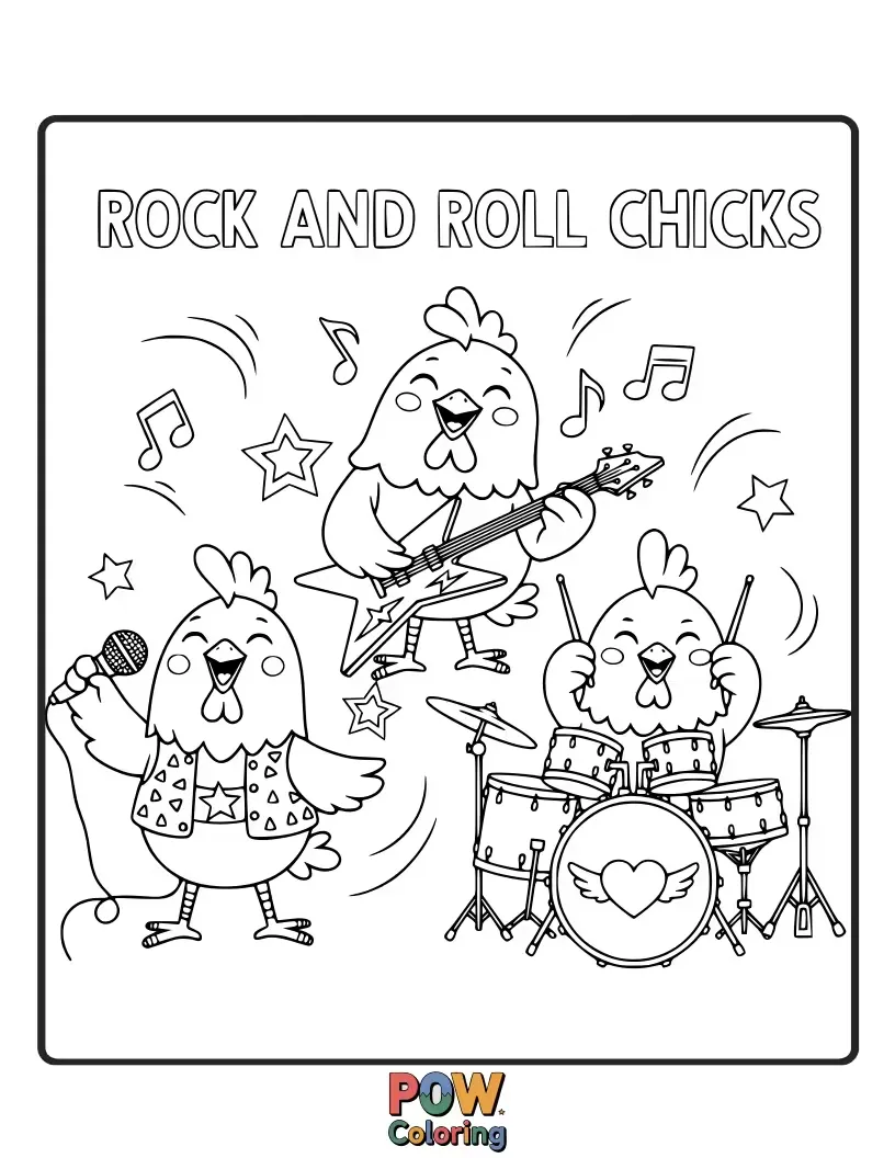 Free coloring page of Fluffy chicks wearing tiny bandanas, pecking at tiny drum kits and quacking rock anthems.