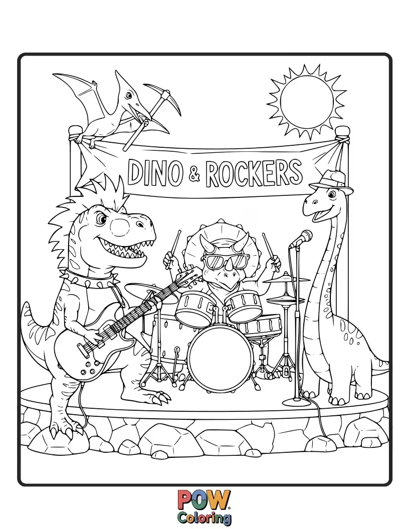Free coloring page of Cartoon dinosaurs with tiny sunglasses and leather vests, headbanging to epic guitar riffs in a prehistoric concert.