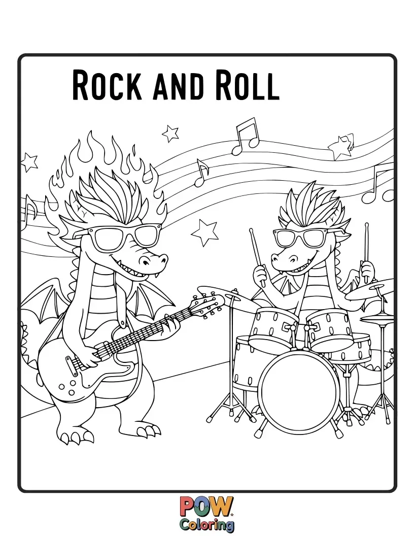 Free coloring page of Friendly dragons breathing colorful smoke rings while playing epic guitar solos with fiery breath.