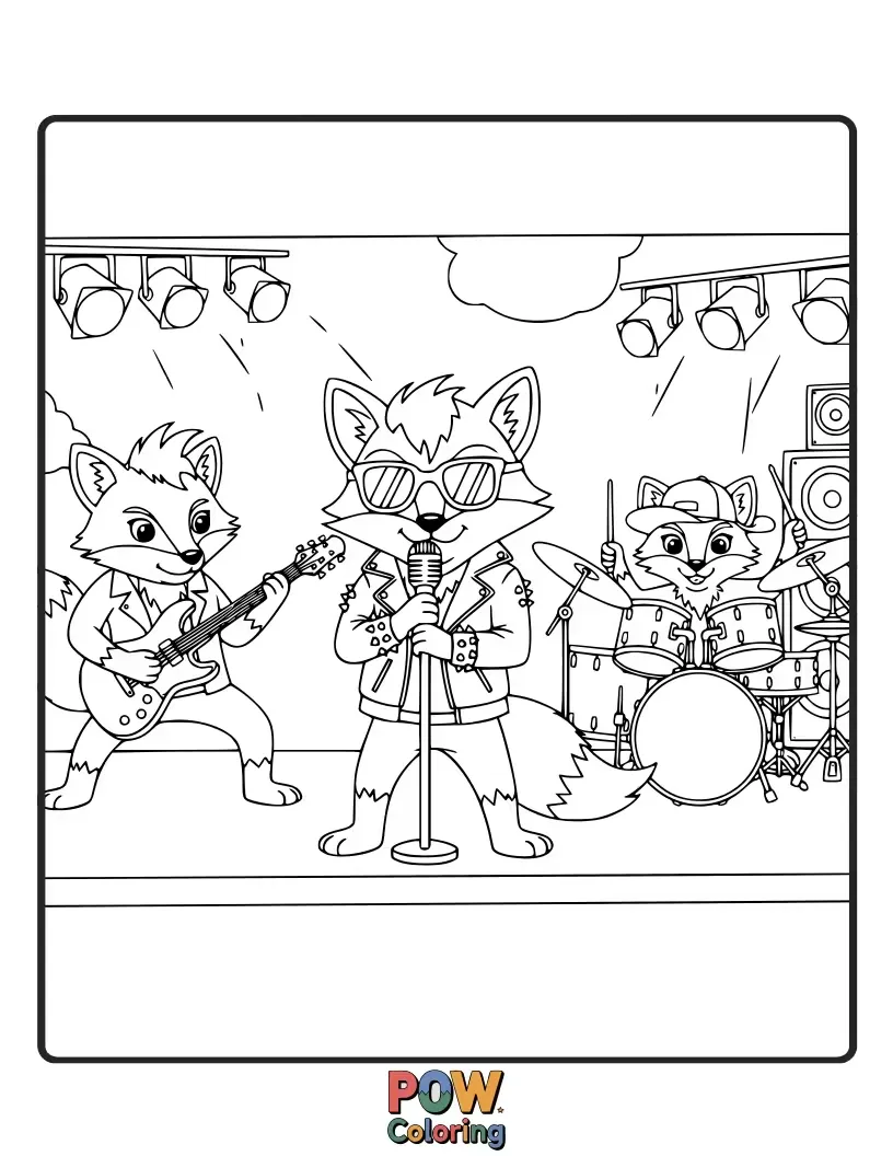 Free coloring page of Sly foxes with mohawks and studded jackets, jumping and spinning on a stage with lightning bolts.