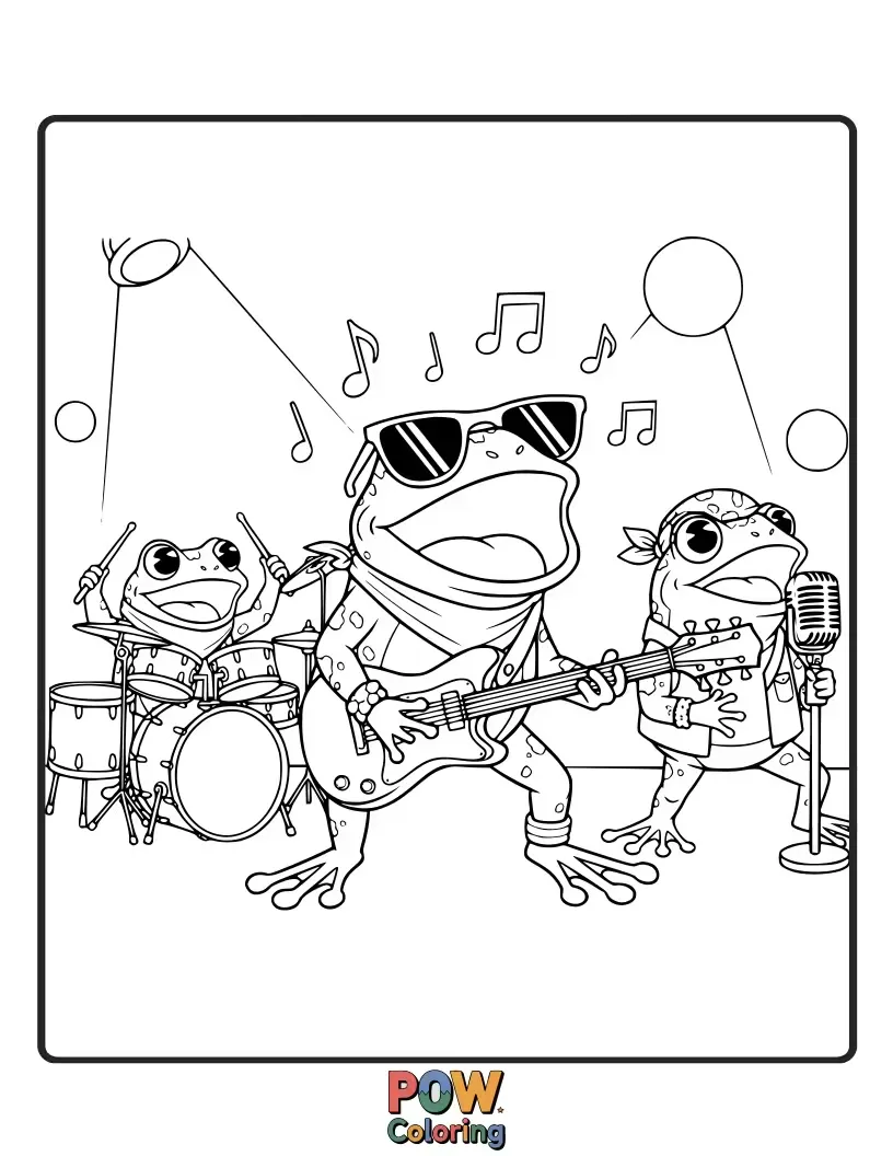 Free coloring page of Groovy frogs with lily pad guitars and microphone reeds, croaking out rock tunes with happy flies in the crowd.