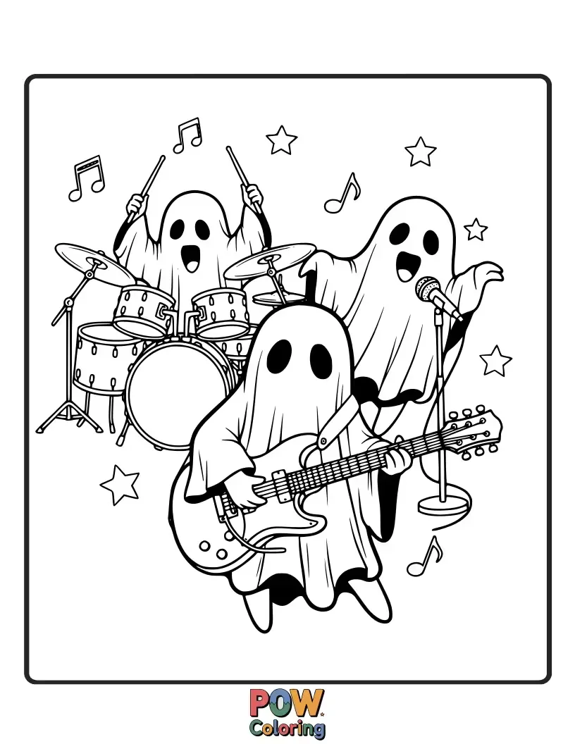 Free coloring page of Playful ghosts floating and playing spectral guitars and drums, creating spooky rock music.