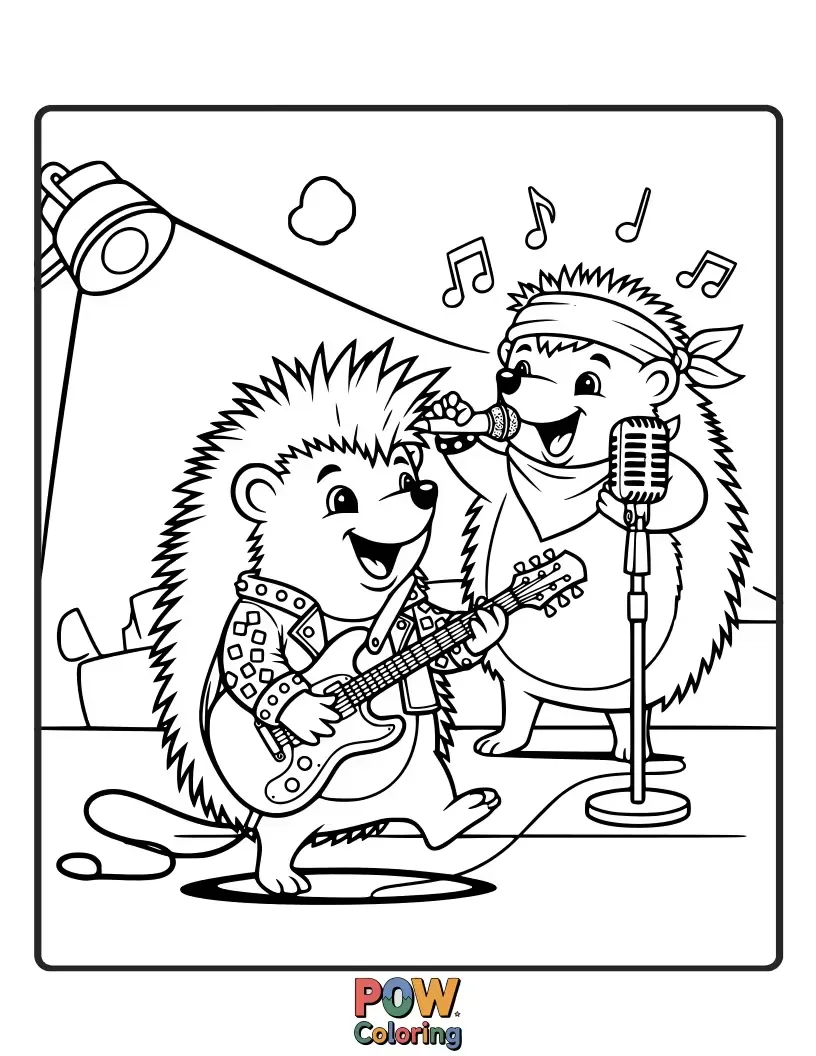 Free coloring page of Spiky hedgehogs with tiny headphones and rockstar bandanas, playing mini electric guitars and drums.