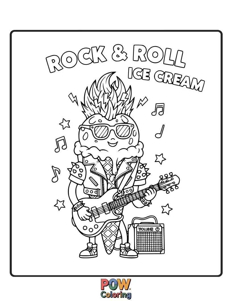 Free coloring page of Singing ice cream cones with musical notes swirling around them, performing a sweet rock concert.