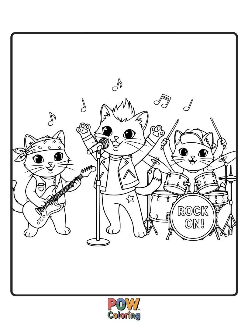 Free coloring page of Fluffy kittens strumming tiny ukuleles and drums, sporting rockstar hairdos and starry-eyed expressions for the stage.