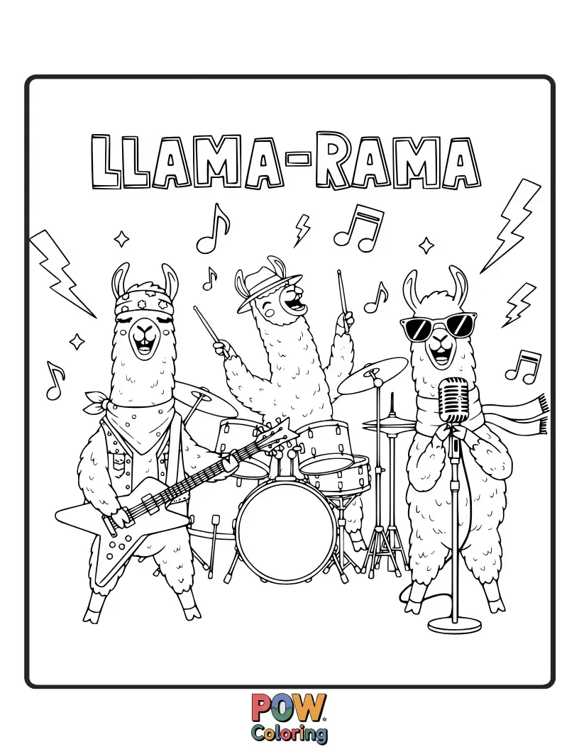 Free coloring page of Cool llamas with sunglasses and funky hairstyles, strutting their stuff with microphones and spinning records.