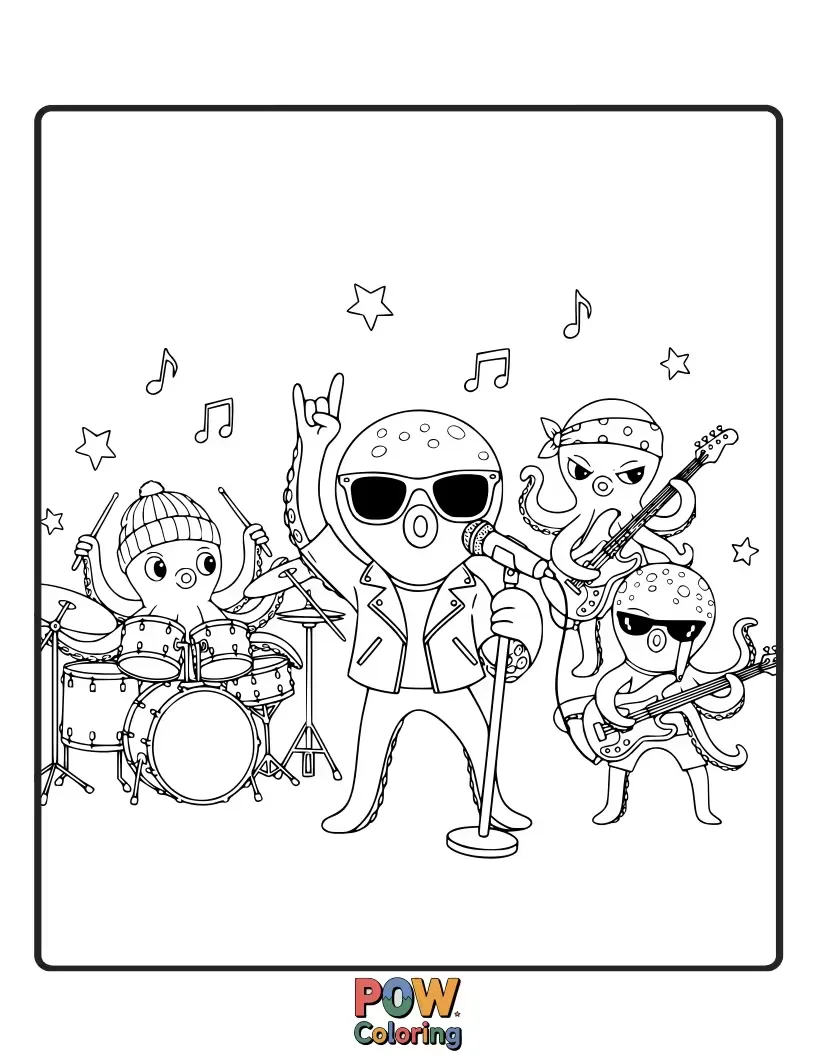 Free coloring page of Playful octopuses with eight arms, each playing a different instrument – drums, guitar, bass, and keyboards!