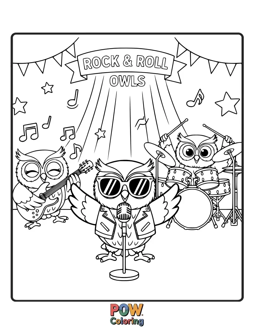Free coloring page of Wise owls in cool shades, hooting rock anthems with microphones and electric guitars on a tree branch stage.
