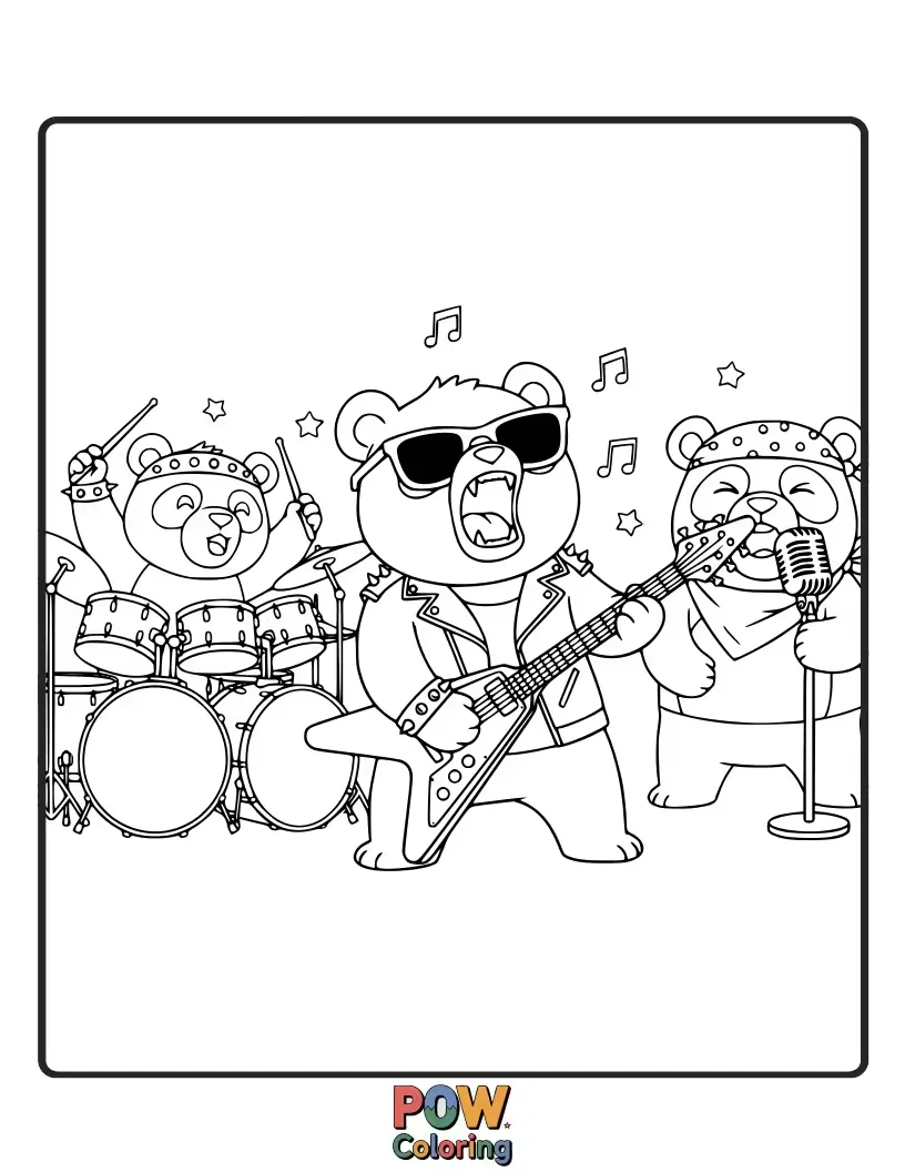 Free coloring page of Adorable pandas wearing rockstar outfits, playing bamboo guitars and drums with a bamboo stage.