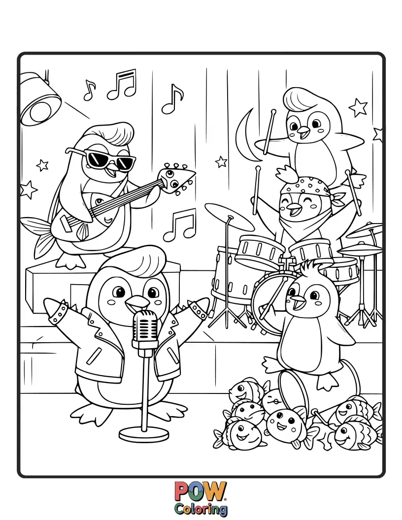 Free coloring page of Dapper penguins in tiny tuxedos rocking electric guitars and holding microphones on an icy stage.