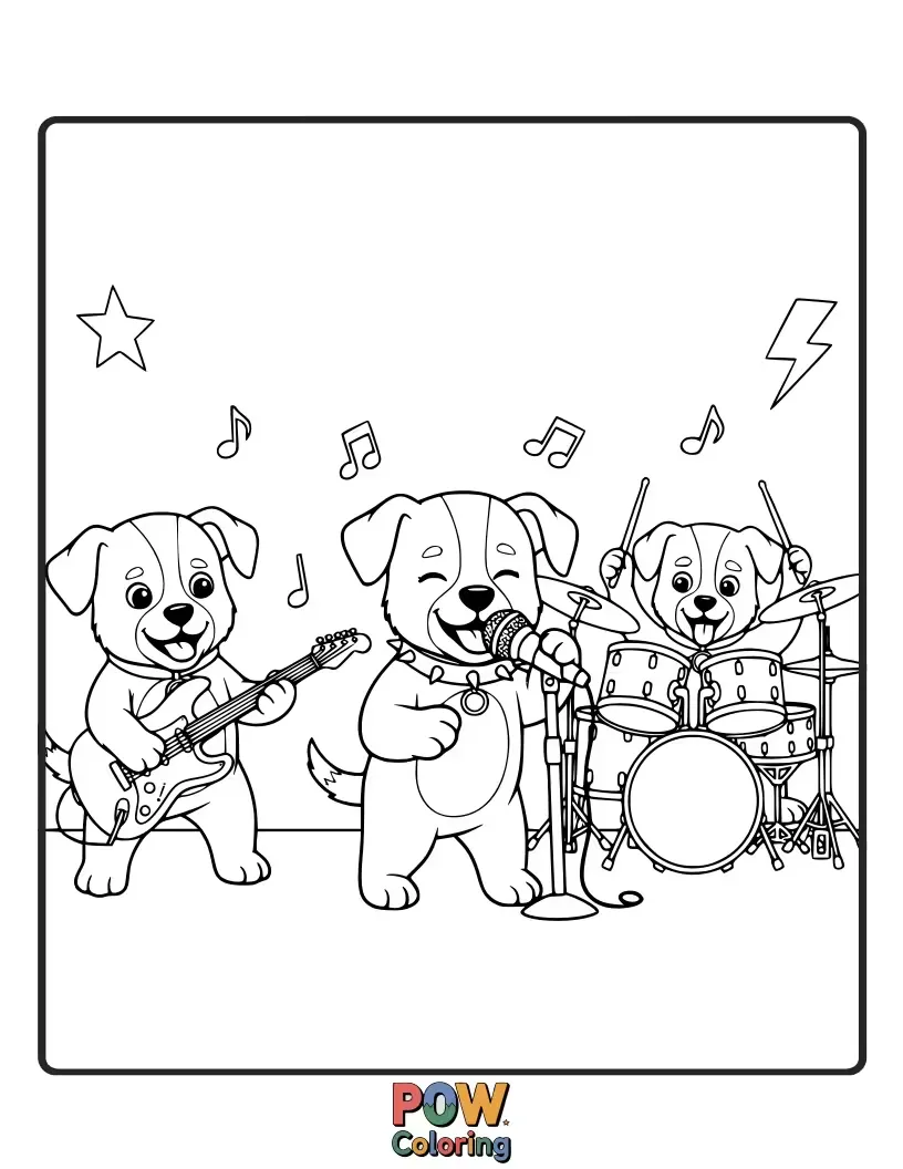 Free coloring page of Adorable puppies with floppy ears, strumming tiny guitars and barking into microphones with wagging tails.
