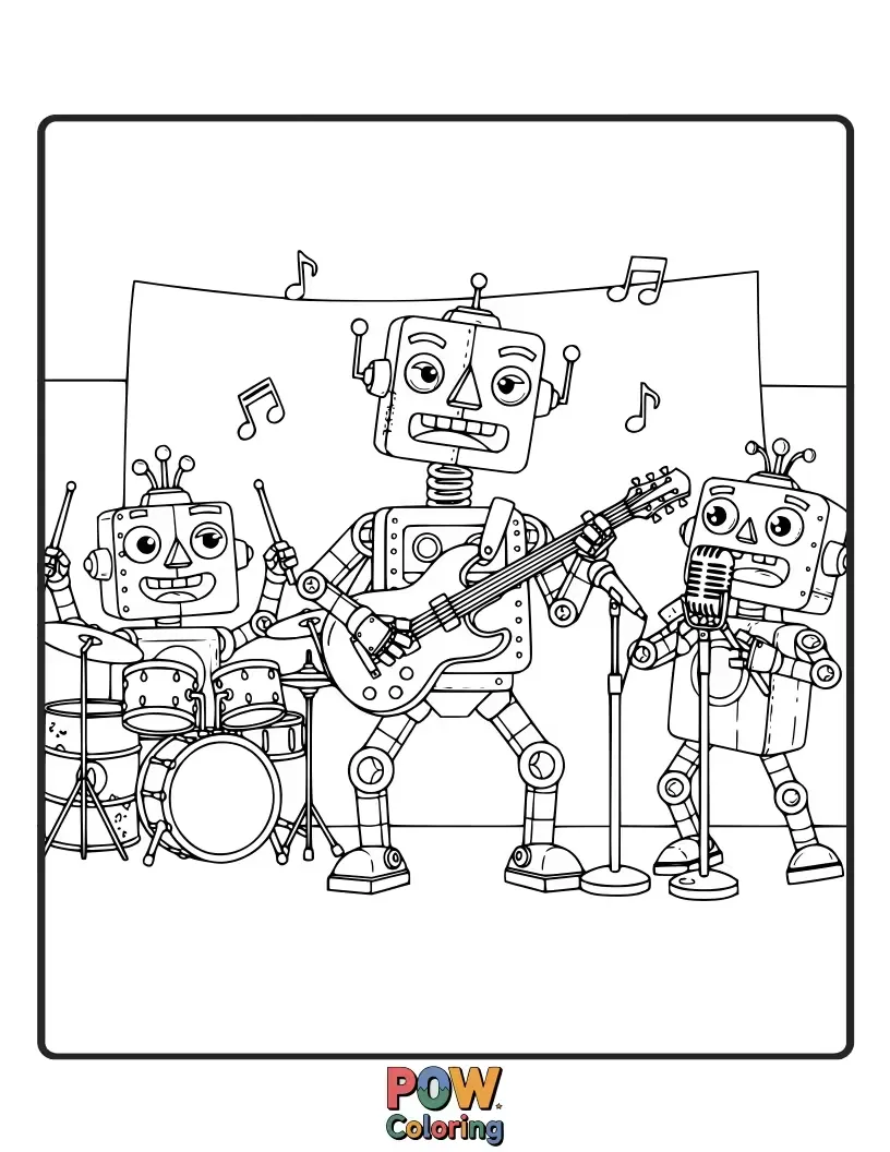 Free coloring page of Cute, retro-style robots with boomboxes and microphones, grooving to the beat with antennae wiggling in rhythm.