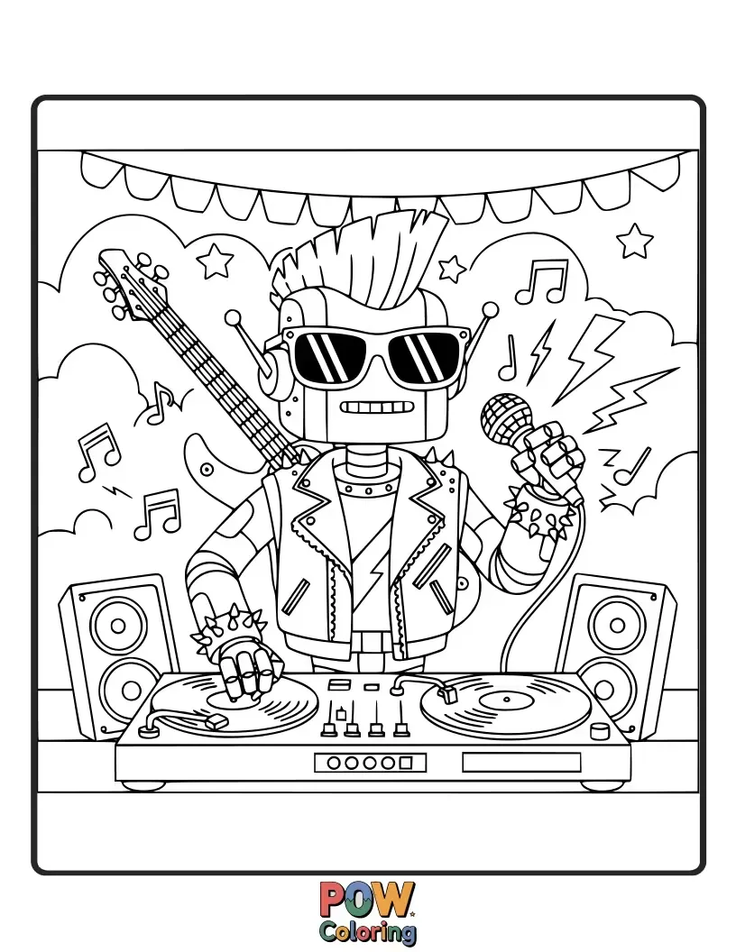Free coloring page of Cool robots with headphones and turntables, mixing beats and scratching records at a vibrant party.