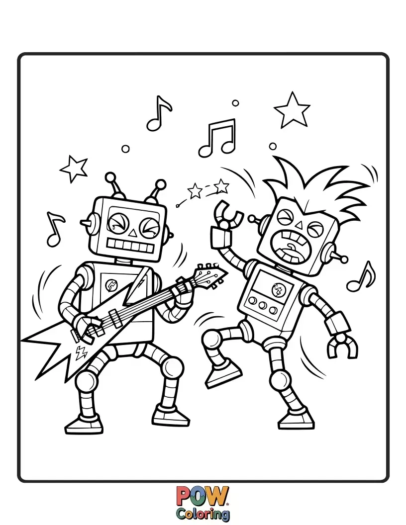 Free coloring page of Clunky, retro robots doing the robot dance with disco balls and flashing lights, ready for their big performance.