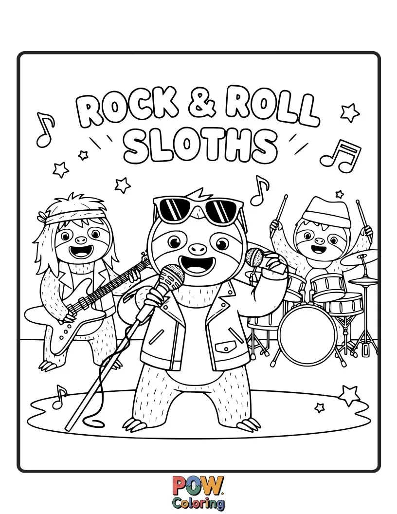 Free coloring page of Chill sloths chilling on a tour bus, holding microphones and wearing cool bandanas, ready for a slow and steady jam session.