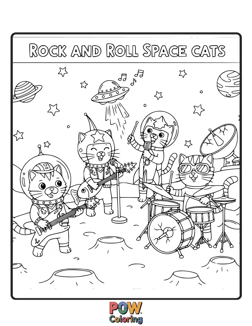Free coloring page of Astronaut cats in helmets playing guitars and keyboards amidst stars and planets in a cosmic jam session.