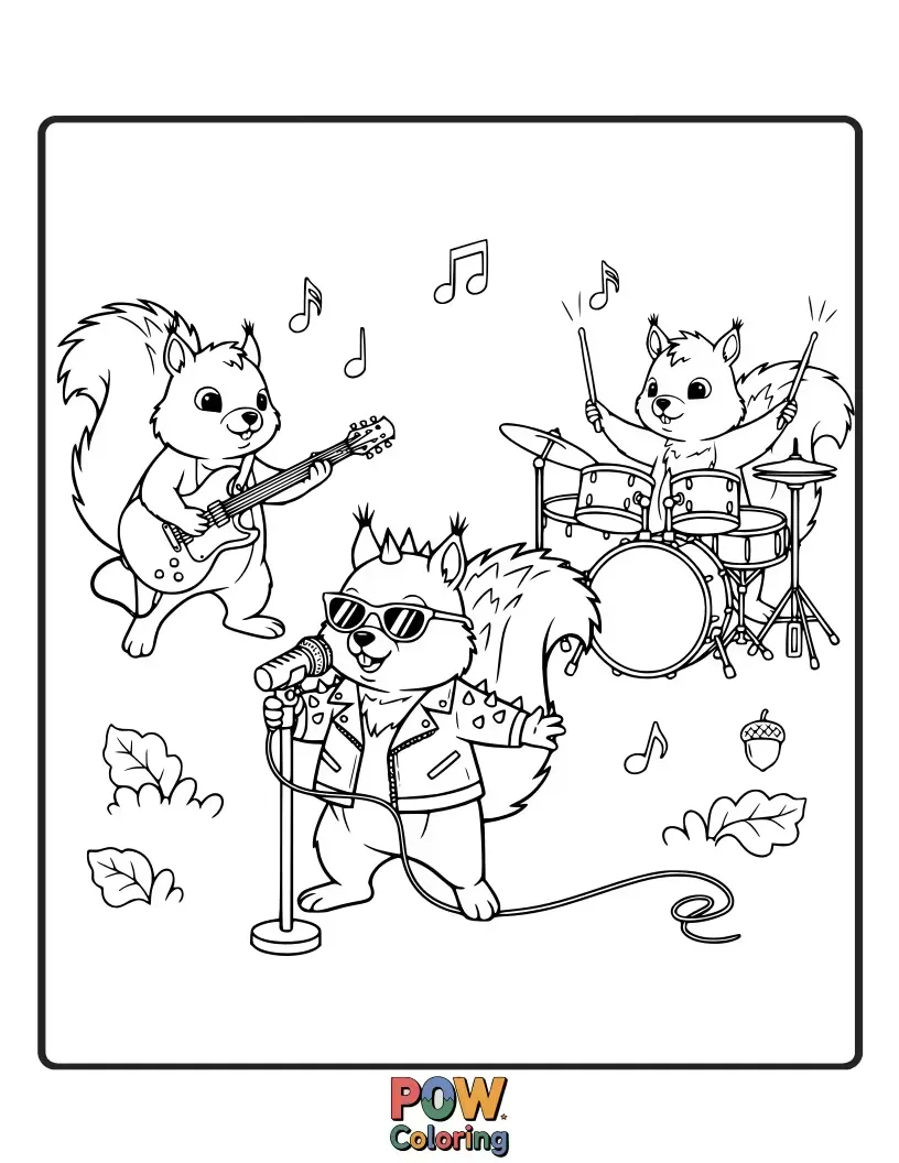 Free coloring page of Adorable squirrels shredding electric guitars, wearing tiny leather jackets and sunglasses, ready to rock out in a forest clearing.