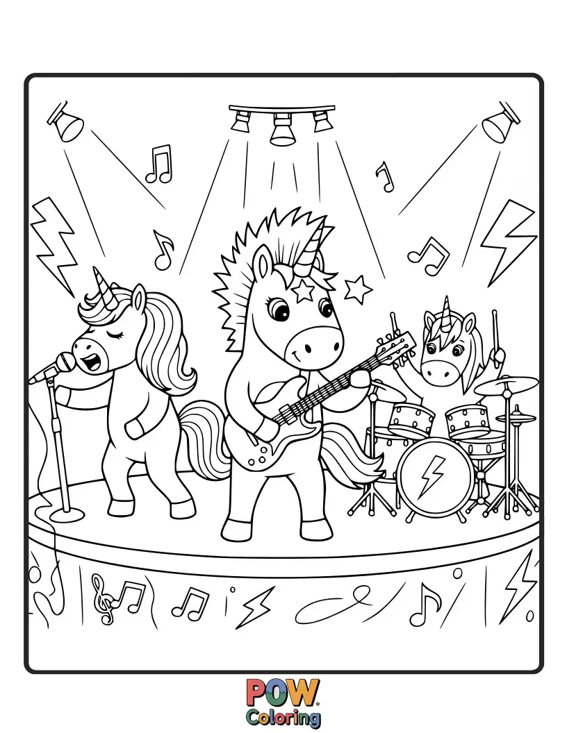 Free coloring page of Magical unicorns with rainbow manes, playing sparkling guitars and drums with star-shaped amps.