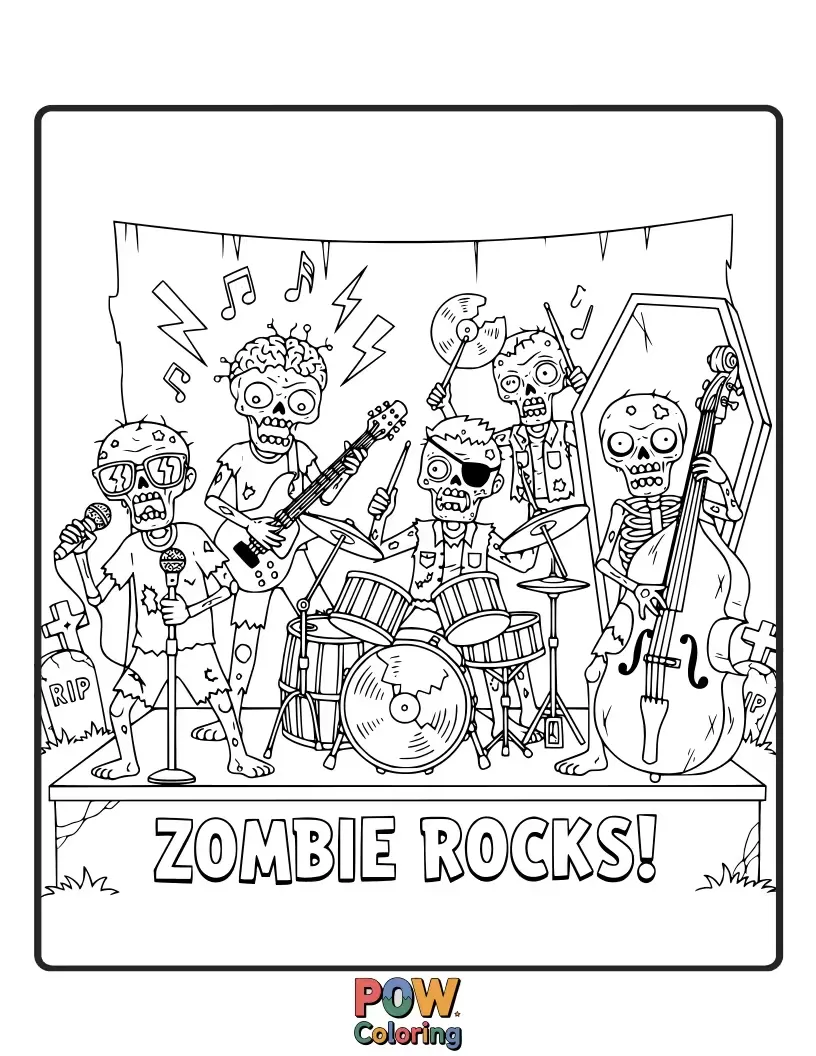 Free coloring page of Goofy zombies with ripped clothes, playing bass guitars and drums with a surprisingly good rhythm.