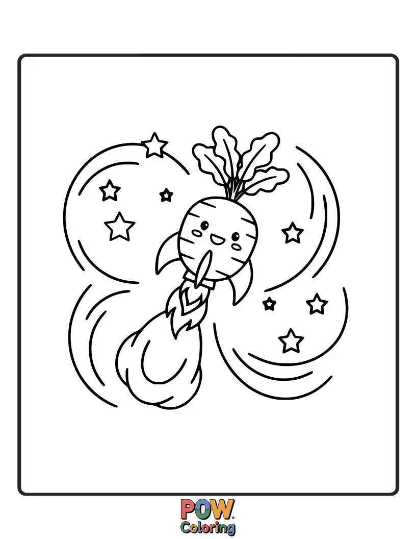 Free coloring page of A speedy radish transformed into a rocket, blasting off into space with a trail of colorful leaves.
