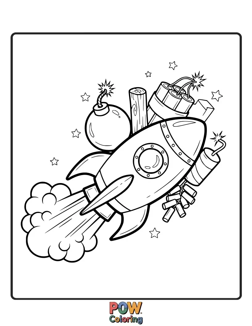 Free coloring page of Rocket surrounded by his favorite things: a variety of colorful and complex explosives.