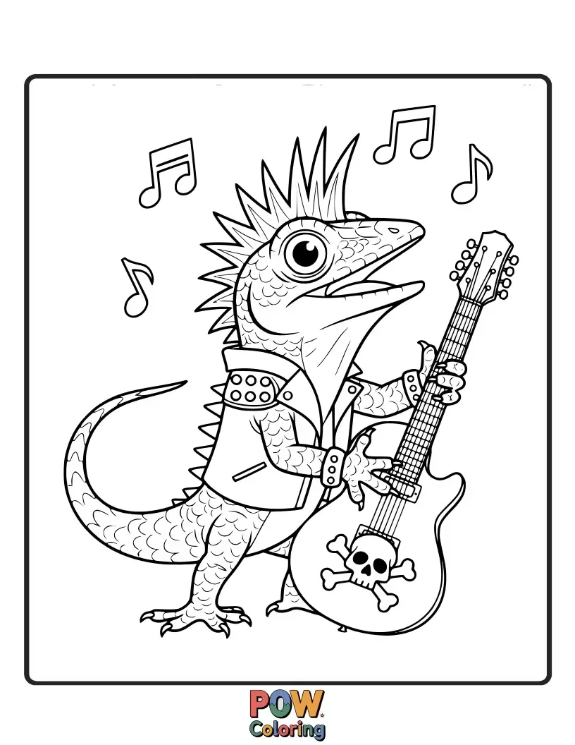 Free coloring page of An anole lizard with sunglasses and a guitar, rocking out on a miniature stage.