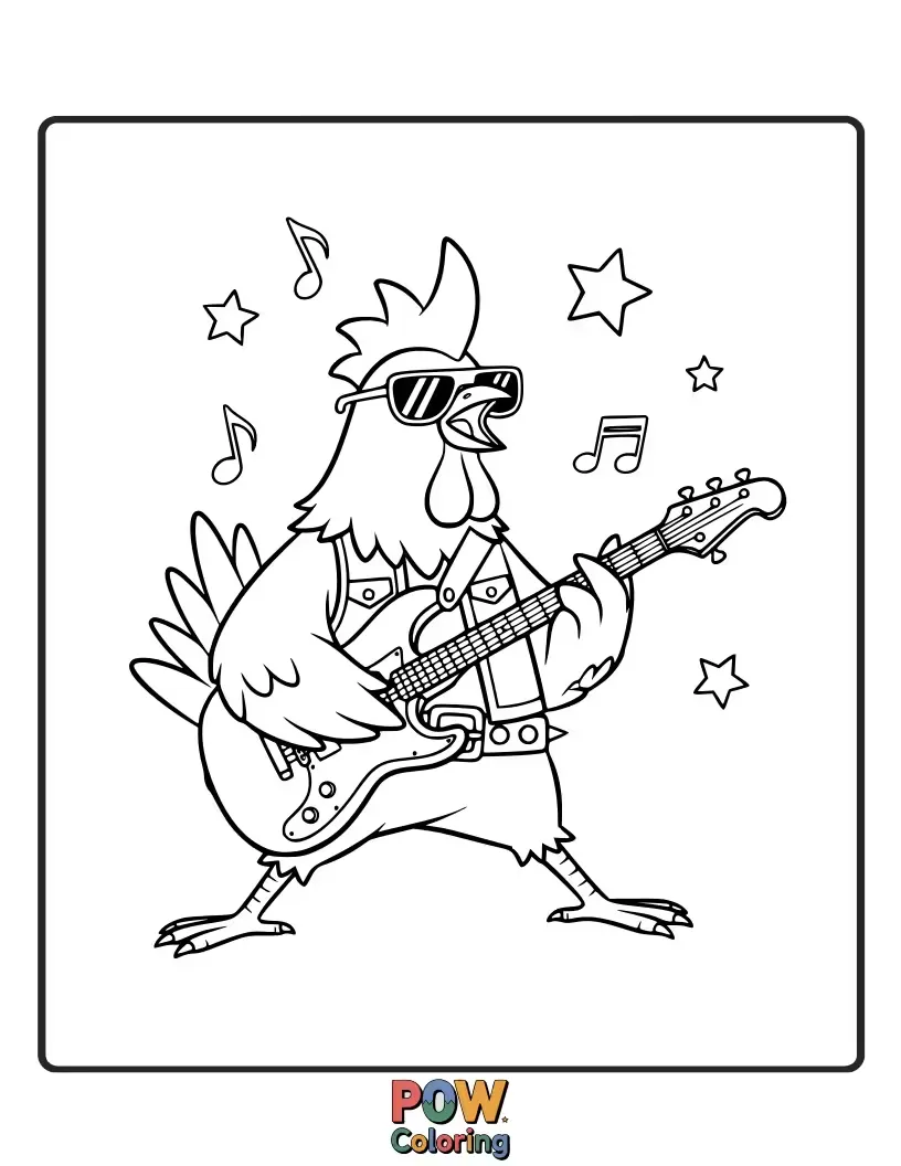 Free coloring page of A cool chicken rocking out on a guitar, feathers flying. Unleash your inner rockstar with bold colors!