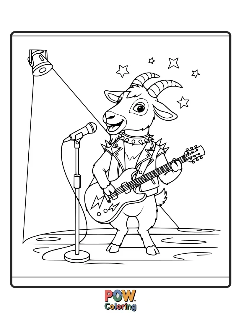 Free coloring page of A cool goat with headphones and a guitar, striking a pose on a stage with spotlight effects and cheering crowds.
