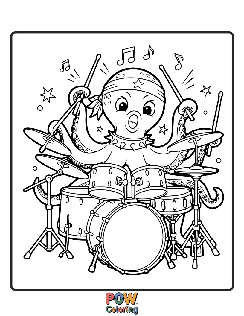 Free coloring page of An energetic octopus shredding a guitar with multiple tentacles, singing its heart out to an adoring audience.