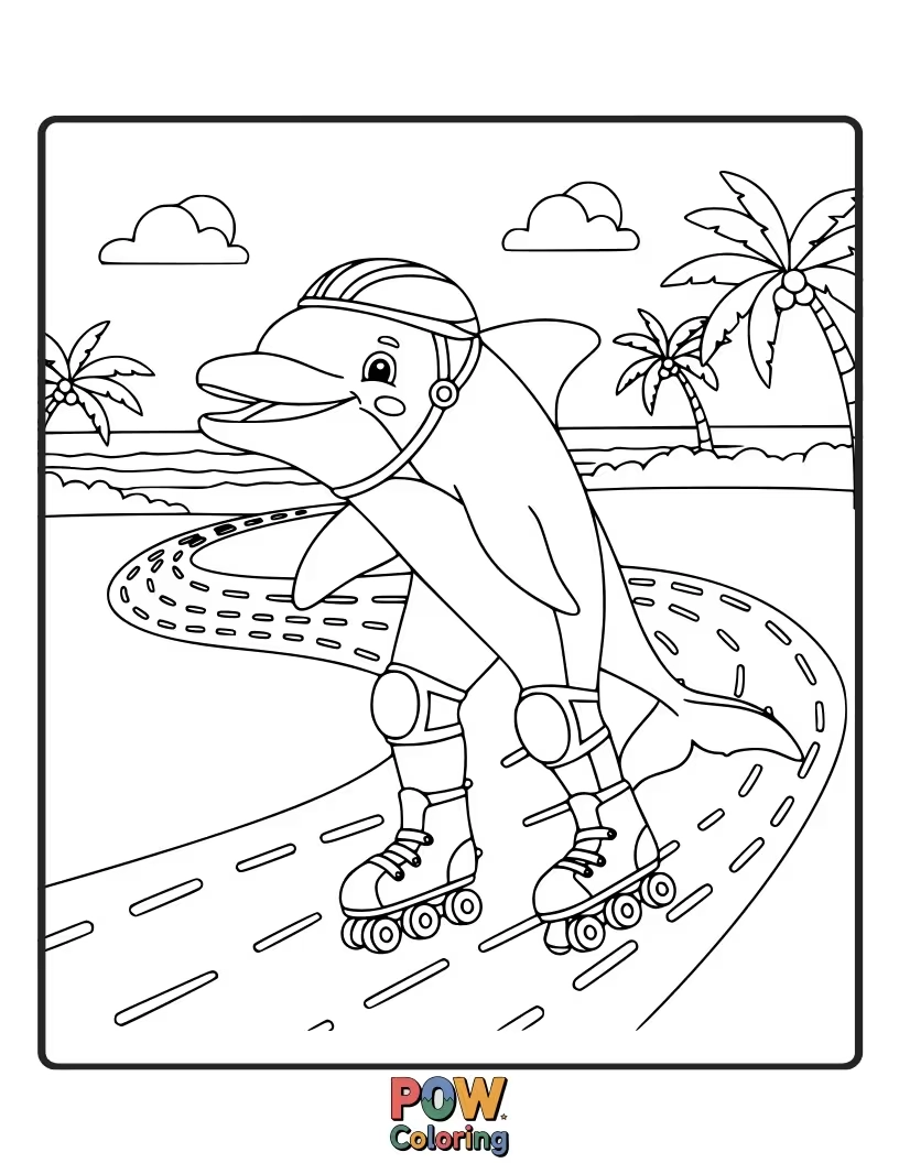 Free coloring page of Watch out! This dolphin is cruising on roller skates, maybe a little wobbly.