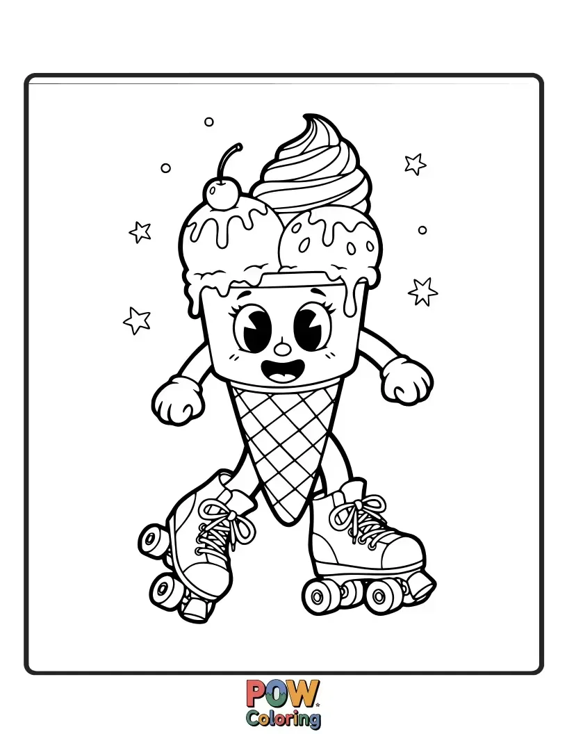 Free coloring page of A cheerful ice cream cone wearing tiny roller skates, zooming around with glee on a frosty path.