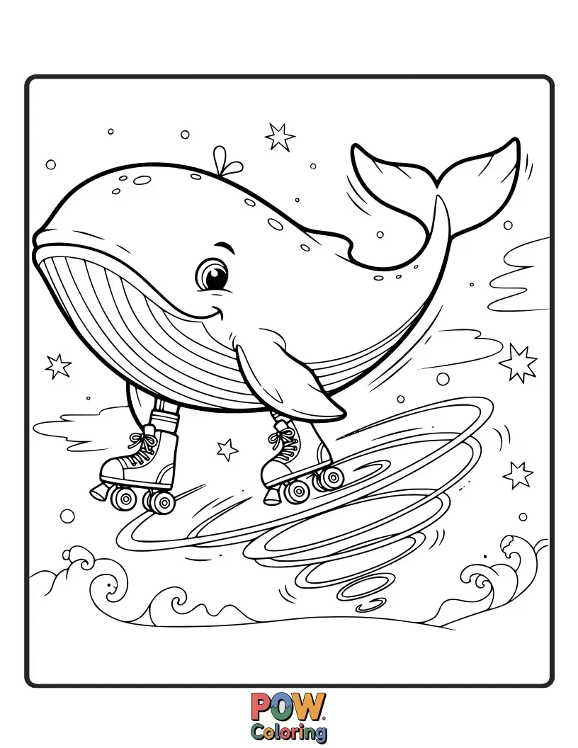 Free coloring page of A dynamic whale zooming across an underwater path on roller skates, leaving a trail of bubbles and excitement.