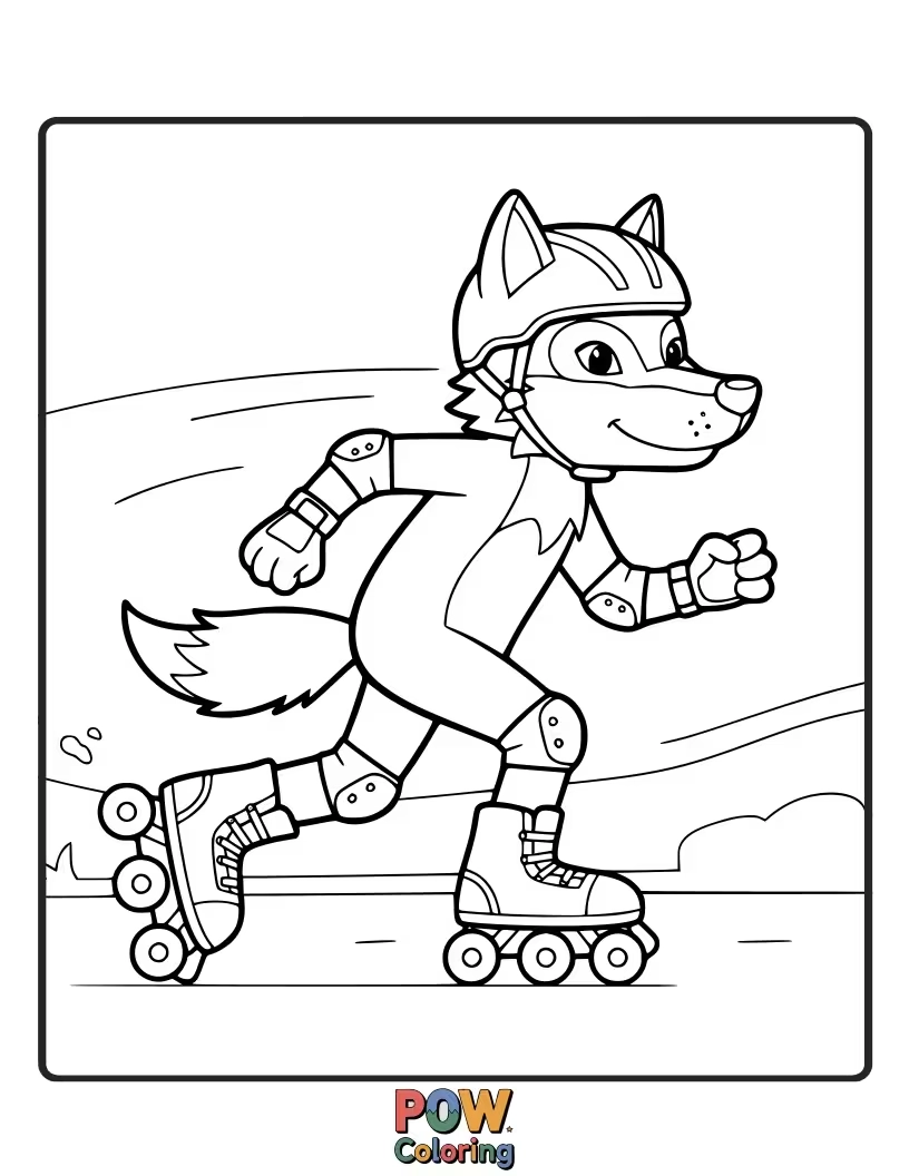 Free coloring page of A cool wolf glides smoothly on roller skates, a smile on its face.
