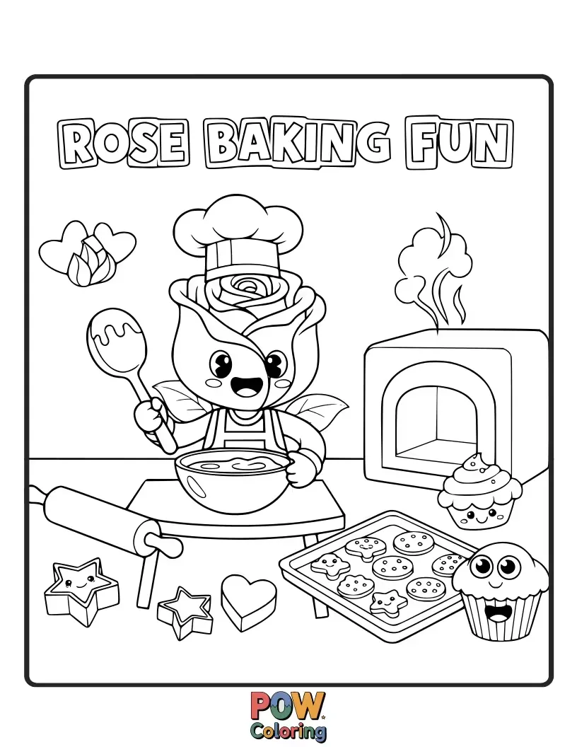 Free coloring page of A bear chef proudly presenting a freshly baked cake adorned with miniature roses.