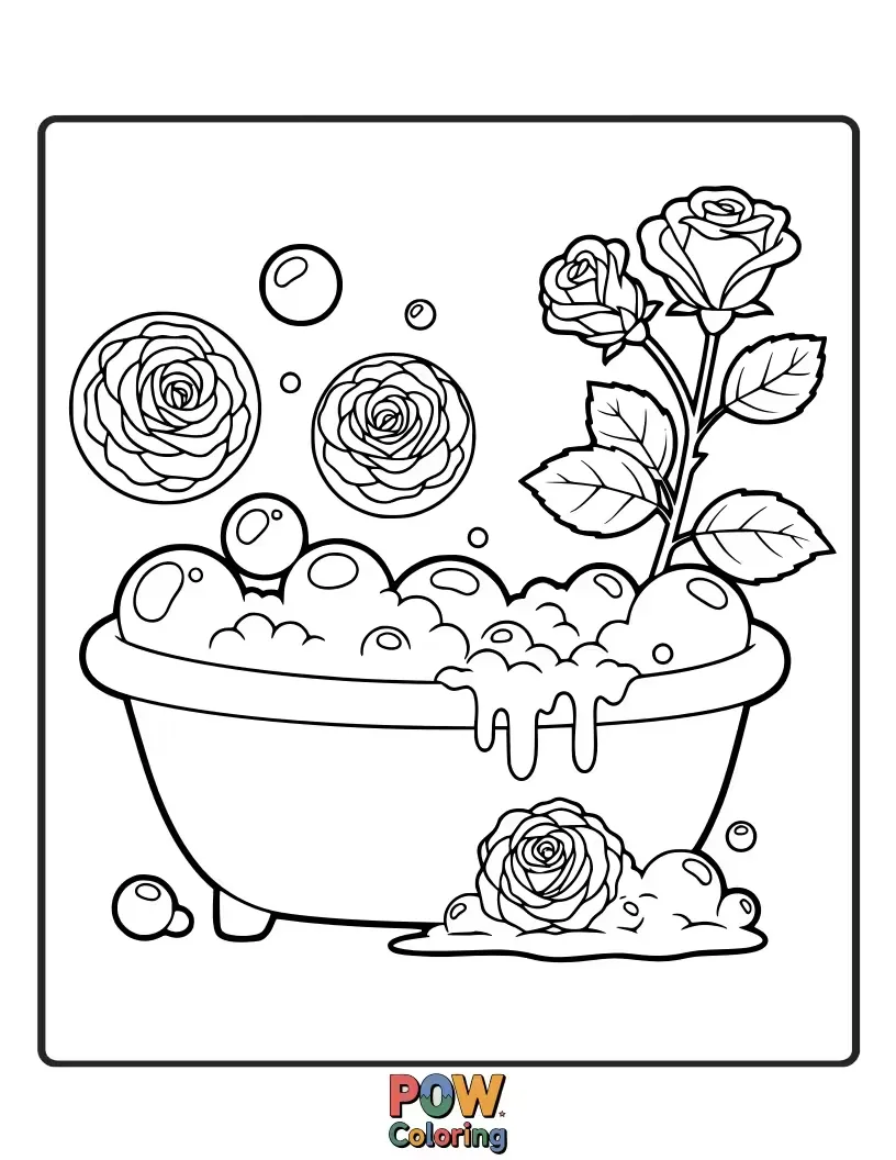 Free coloring page of A contented cat enjoying a bubbly rose-scented bath, surrounded by floating rose petals.