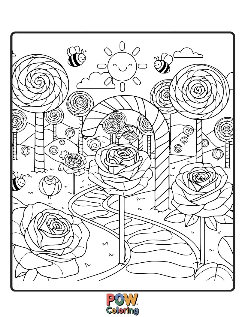 Free coloring page of A whimsical landscape of lollipop trees and candy rivers, with a giant rose candy at its center.